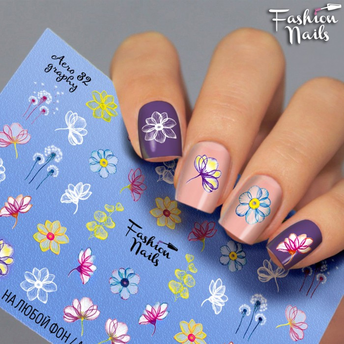 Водні наклейки для нігтів ( Слайдер-дизайн для нігтів ) Fashion nails - різнокольорові квіти