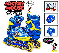 Детские раздвижные ролики 34-37 с комплектом защиты и шлемом Disney Mickey Mouse Все колеса светятся!