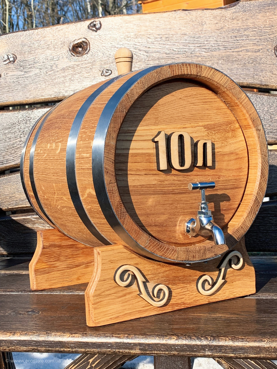 Дубовая бочка 10л для вина, коньяка, виски, рома (с резьбой, латунный кран) - фото 4 - id-p1036450521