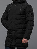 Куртка чоловіча зимова подовжена чорна зі знімним капюшоном, фото 4