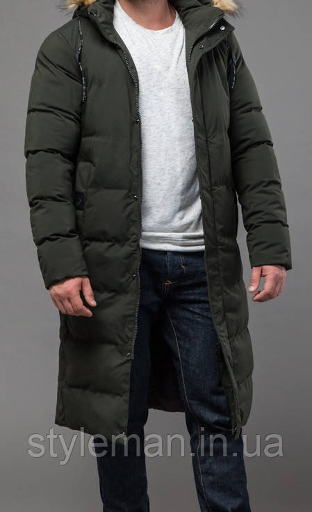 Куртка пальто чоловіча зимова подовжена хакі зі знімним капюшоном