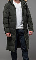 Куртка пальто мужская зимняя удлиненная хаки с съемным капюшоном