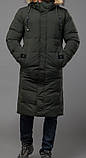 Куртка пальто чоловіча зимова подовжена хакі зі знімним капюшоном, фото 2