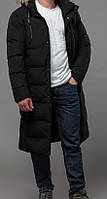 Куртка пальто чоловіча зимова подовжена чорна зі знімним капюшоном