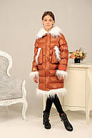 Куртка детская для девочки зима Лаура терракот 134,140см капюшон, мех - искусственная лама