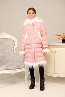 Куртка детская для девочки зима Лаура пудра 134,140см капюшон, мех - искусственная лама