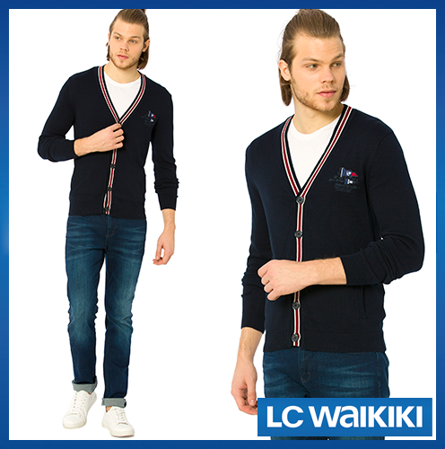 Синій чоловічий кардиган LC Waikiki/ЛС Вайки з гербом LCW, червоно-білими смужками, на ґудзиках