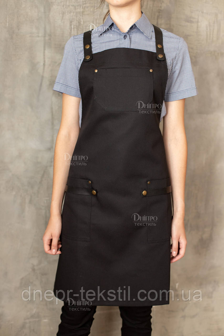 Фартук черный с кожаной отделкой для бармена. Одежда для персонала кафе ...