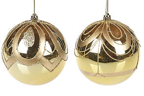 Ялинкова куля 10 см, колір — золото глянець із візерунком, 2 різновиди, пластик, в пакованні 12 шт. (898-147), фото 2