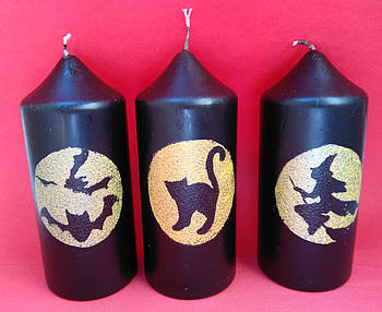 Хелловін декоративна свічка стовпчик чорний із малюнком 12*5 см