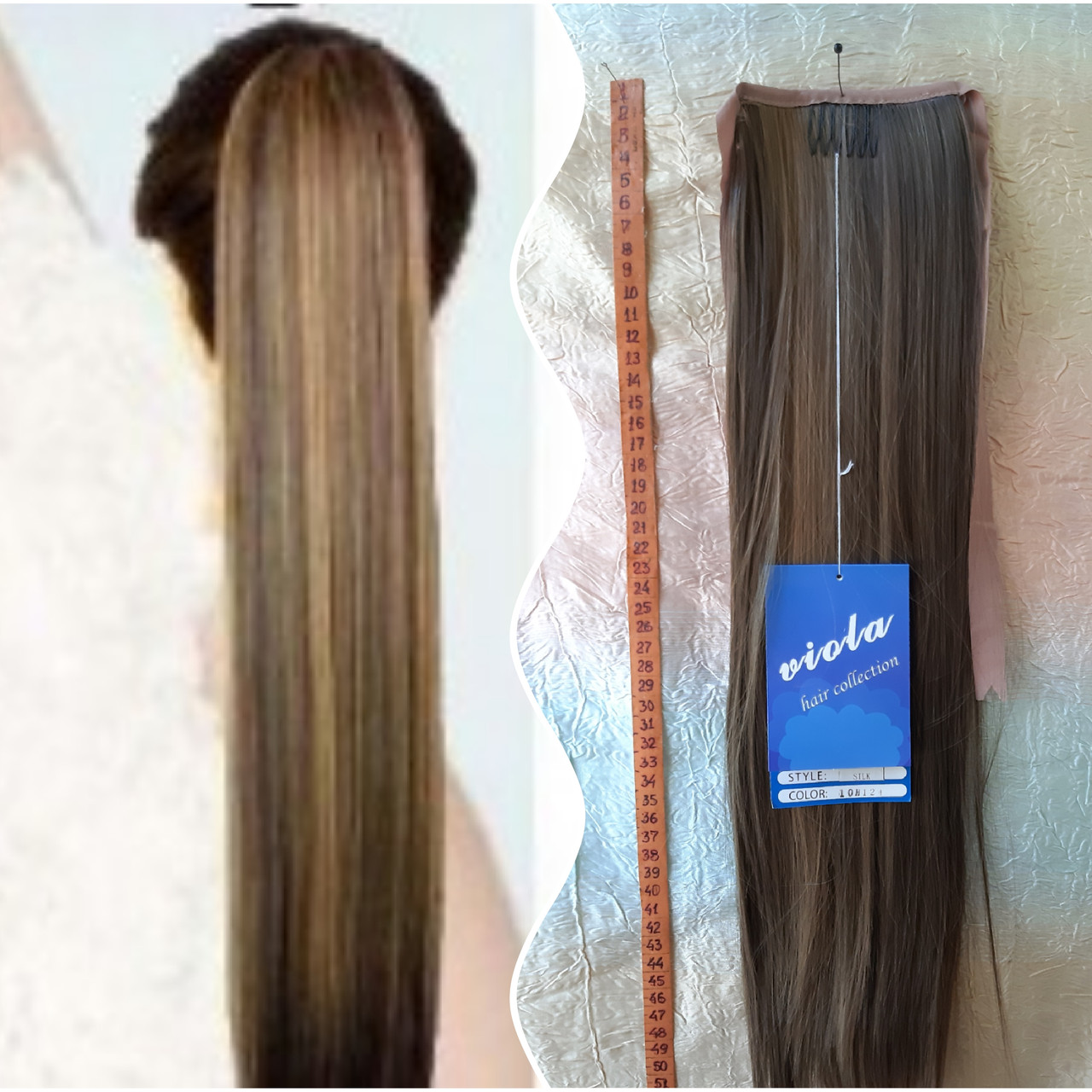 Хвіст прямий на стрічці термоволос русявий з милировкой SILK-8Н124, фото 1