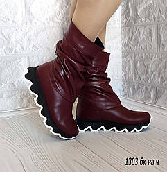 Зимові жіночі напівчобітки з бордової натуральної шкіри 36 р-р