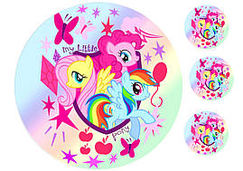 Вафельна картинка на торт "Маленькі Поні / Little Pony" (на аркуші А4)- Малнькие Поні (1+3) Різнокольоровий, Одна велика і три