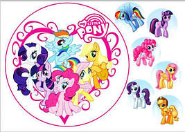 Вафельна картинка на торт "Маленькі Поні / Little Pony" (на аркуші А4)- Поні 1круглая(біла з малиновим серцем)+6, 1 велика кругла