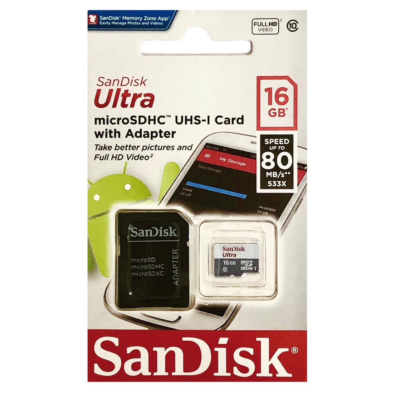 Карта пам'яті 16 GB microSD SanDisk Ultra UHS-I з адаптером (SDSQUNS-016G-GN3MA)