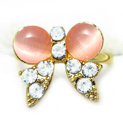 Каблучка Жіноча Модна на Палець Бант 2 під Золото 18К з Рожевими Вставками Котяче Око і Стразів, Безрозмірне