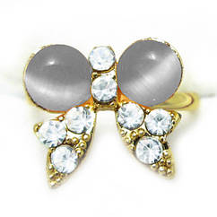 Каблучка Жіноча Модна на Палець Бант 2 під Золото з Димчастими Вставками Котяче Око і Стразів Безрозмірне, Біжутерія, Каблучки