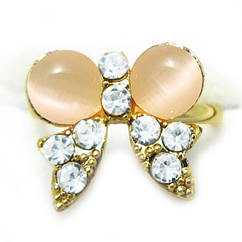 Жіноча Каблучка на Палець Бант2 Безрозмірна під Золото 18К, Вставками Котяче Око Світла Карамель і Стразами, Каблучки