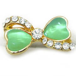 Жіноча Каблучка на Палець Бант 2 під Золото зі Вставками Котяче Око Зелена Пастель і Стразами, Безрозмірне