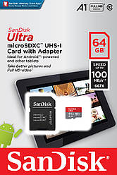 Карта пам'яті 64 Gb microSD SanDisk Ultra A1 100Mb/s з адаптером (SDSQUAR-064G-GN6TA)