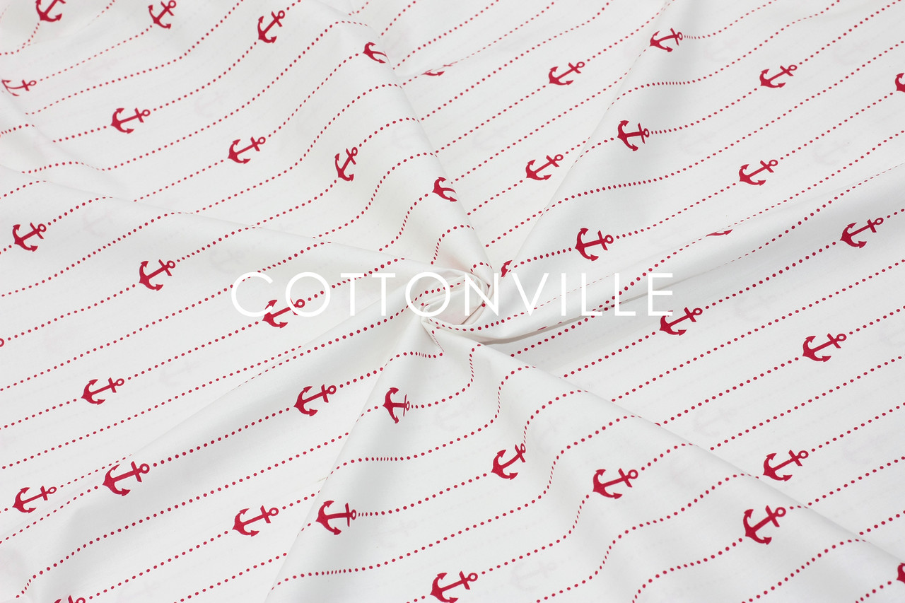 Ранфорс 240 см Якорі червоні Organic cotton (залишок 1.30+0.80 мп)