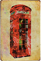 Металлическая табличка / постер "Красная Телефонная Будка (Арт) / Red Telephone Box" 20x30см (ms-00663)