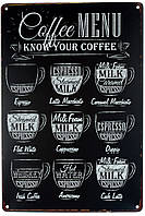 Металлическая табличка / постер "Кофе Меню, Знай Свой Кофе / Coffee Menu. Know Your Coffee" 20x30см (ms-00381)