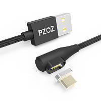 Магнитный кабель Micro USB PZOZ с угловым подключением для зарядки и передачи данных (Черный, 1м)