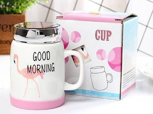 Кухоль фламінго з кришкою — дзеркалом, 490 мл, фото 1