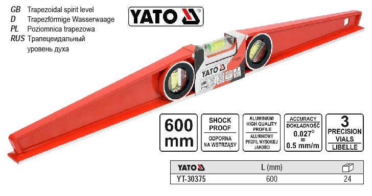 Уровень трапеция YATO рівень алюминий l=600 3 капсули YT-30375