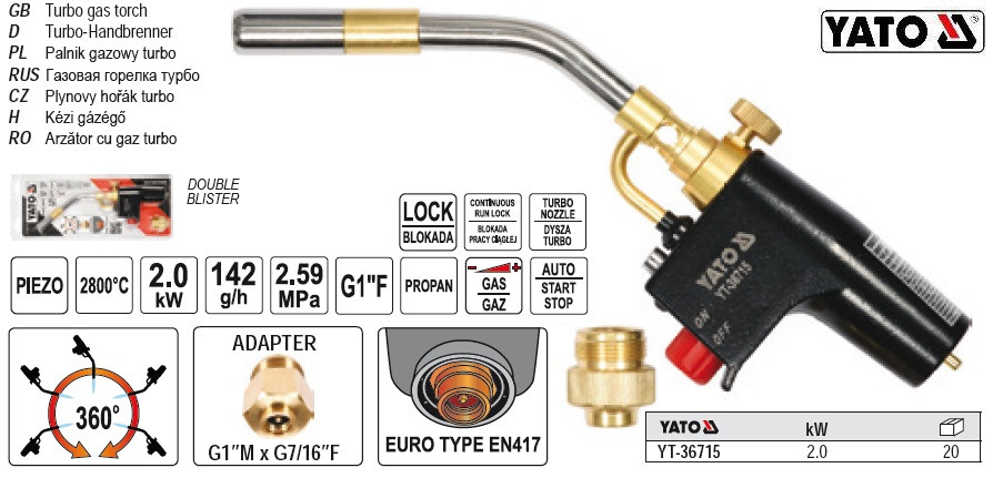 Пальник газовий пропан п'єзо 2 кВт 2800°С YATO YT-36715