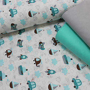Бавовняна тканина (ТУРЦІЯ шир. 2,4 м) м'ятні вертольоти, ракети, літаки, вітрильники на білому