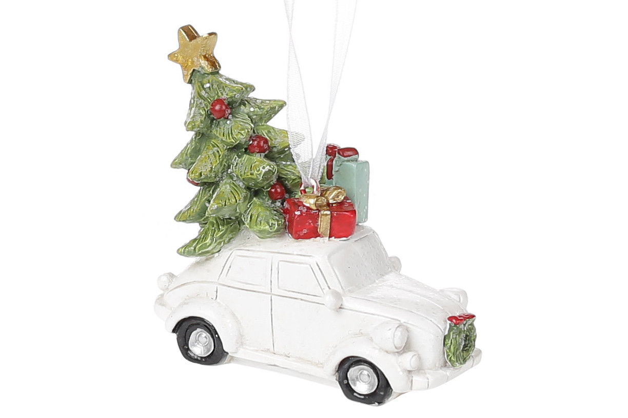 Ялинкова прикраса машинка з новорічною ялинкою 6,5 см, фото 1
