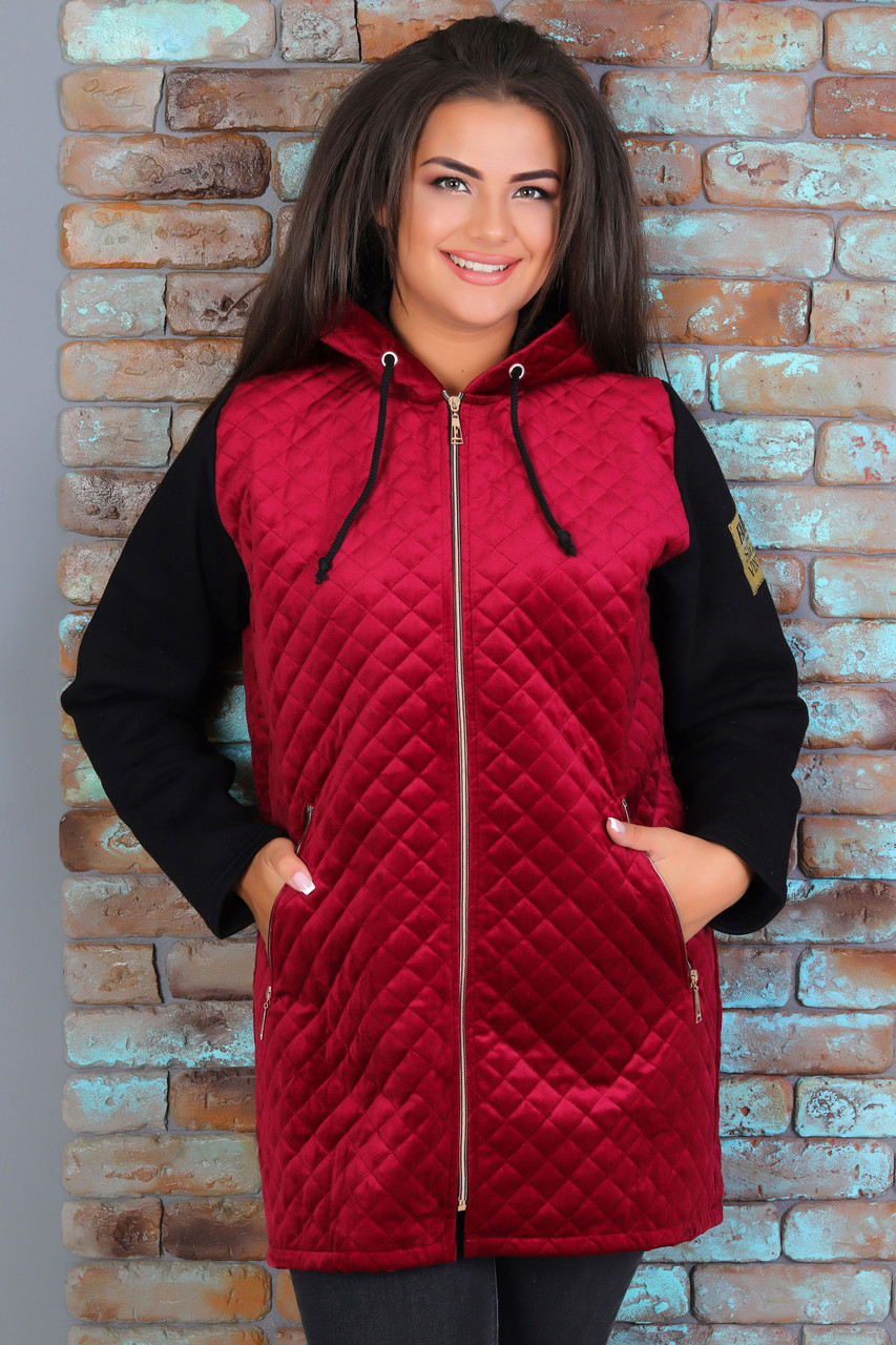 Тепла жіноча куртка з пальтового велюру на синтепоні і трикотажу тринитка розміри 48, 50