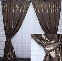 Комплект готових штор из ткани льон з візерунком "листя", колір коричневий. Код 369ш