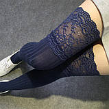 Сині жіночі гетри, гольфи-панчохи вище коліна з витонченим мереживо, фото 5