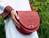 Жіноча червона шкіряна сумка ручної роботи напівкругла "Калина", фото 2