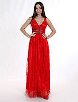 Жіноча вечірня дизайнерська сукня довга в підлогу червона з кружевами шантильїModna KAZKA MKENG2086-2
