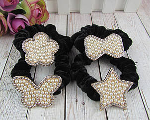 Оксамитові гумки для волосся з перлами та стразами чорні 12 шт/уп