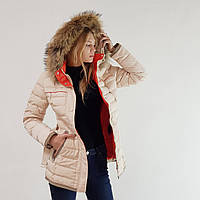 Стильний жіночий пуховик Snowimage з капюшоном і натуральним хутром бежевий, довгий, розпродаж