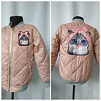 Повседневная куртка бомбер розового цвета " Кот" для девочки от 7 до 12лет (рост 128-158)