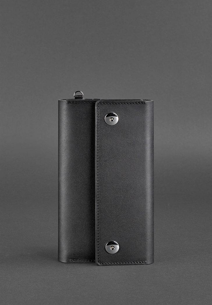 Шкіряний клатч-оргонайзер (тревел-кейс) на кнопках з ремінцем на руку. Колір чорний, фото 1