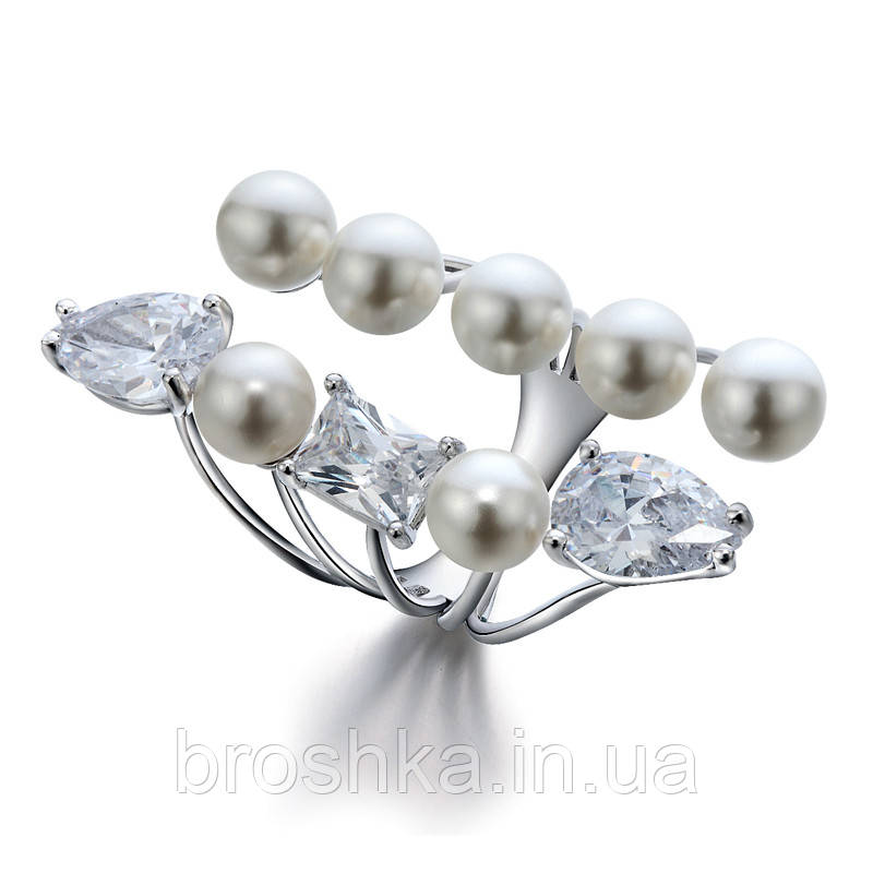 Кільце широке з перлинами та камінням Swarovski