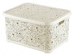 Кошик для білизни з кришкою ажурний, Efe plastics 28 л, бежевий.