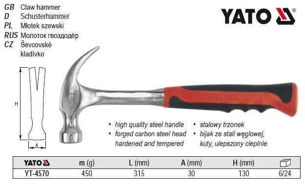 Молоток столярний YATO m=450 м, l=315 мм [6/24]