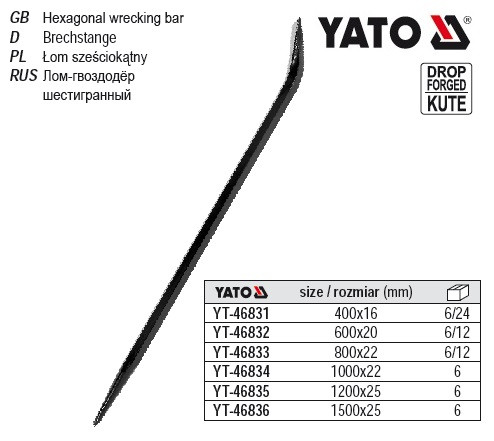 Лом будівельний YATO 6-гранний профіль 400х16 мм YT-46831