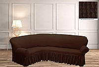 Покрывало Чехол Жатка на Угловой диван Шоколадный универсальный натяжной с юбкой