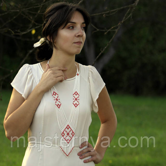 Намисто з білого та червоного бісеру, гердан ручної роботи Гердан білого та червоного кольорів