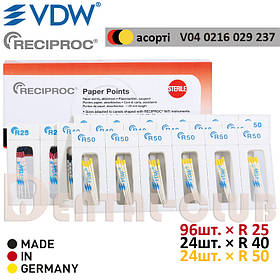 Paper Points RECIPROC VDW - високоабсорбуючі стерильні паперові штифти Реципрок ВДВ, 24шт. № асорті 96×R25, 24×R40, 24×R50