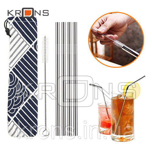 Набір з 4 металевих еко соломинок трубочок для напоїв, срібло, фото 1